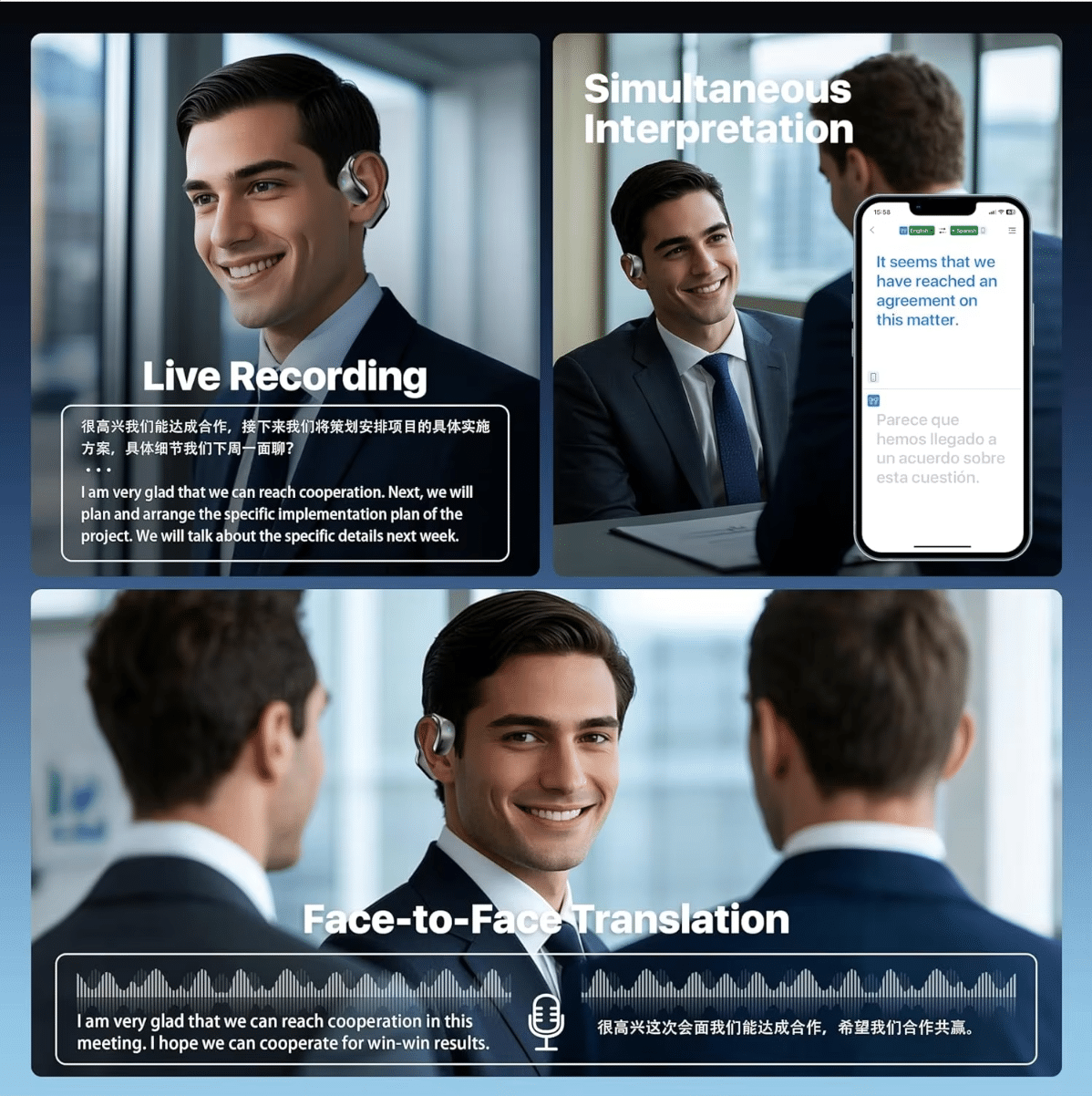 Écouteurs de traduction AI OWS Écouteurs de traduction en temps réel 144 langues et accents, traduction bidirectionnelle pour les voyages d'affaires et l'apprentissage Compatible avec iOS et Android Noir - Image 3